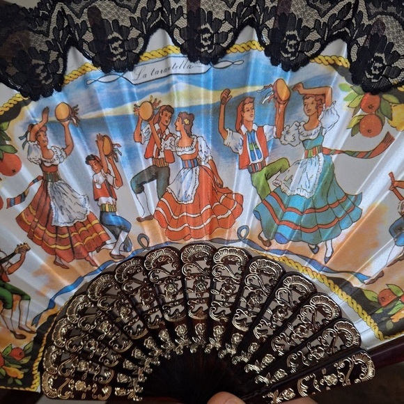 1980s/90s "La Tarantella" The Dance Fabric Lace Fan - Picture 3 of 10